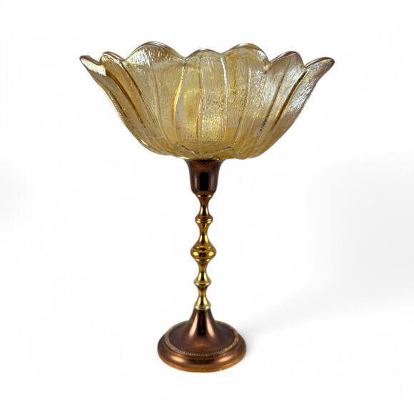 Vintage Amber Glass & Brass Pedestal Compote Bowl – Floral Design - Picture 1 of 11